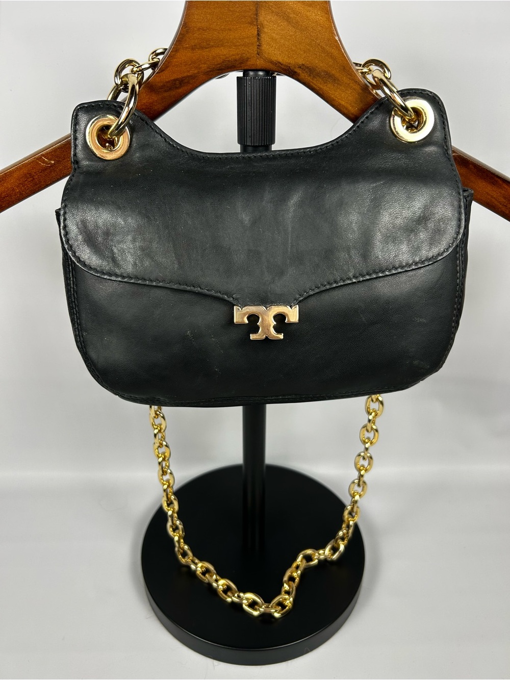 Tory Burch Megan Mini Bag Black Leather Vintage  With Gold Plated Hardware